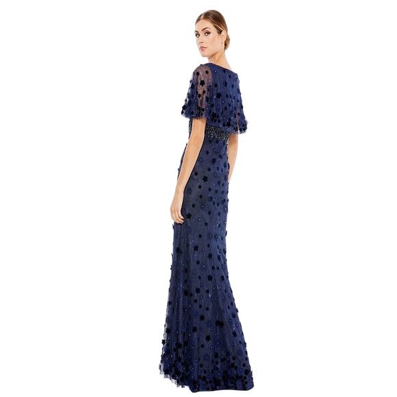 MAC DUGGAL 67712 Dark Blue Beaded Floral Lace Cape Short Sleeve Dress Size 16 - Picture 2 of 9